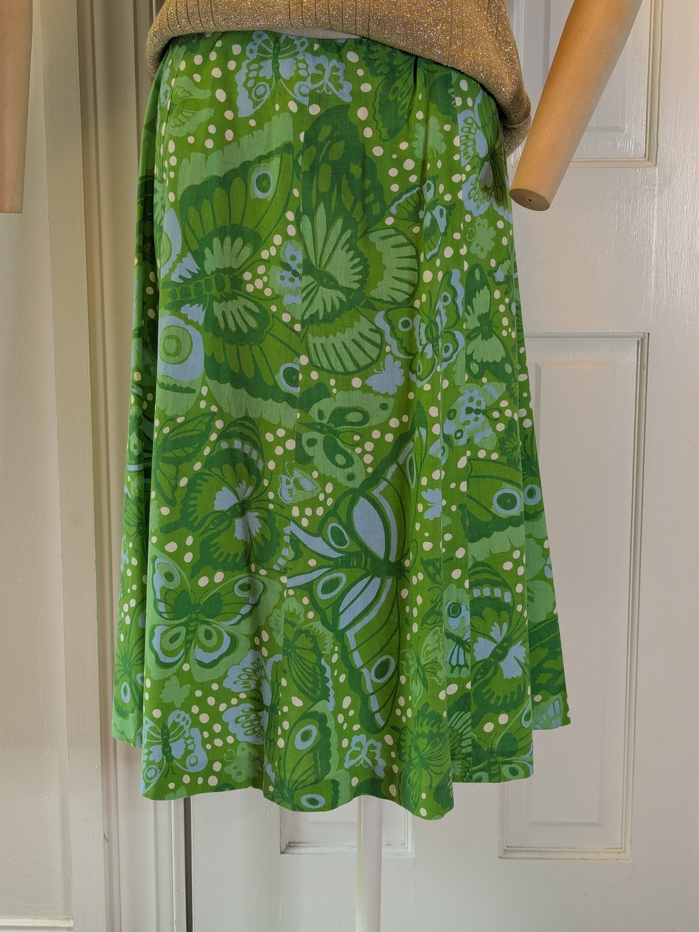 Vintage 1970s Green Butterfly Print A-Line Skirt One Of A Kind